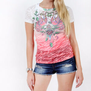 NWT VOCAL Pink White Rhinestone floral graphic Burnout Sublimation T-shirt